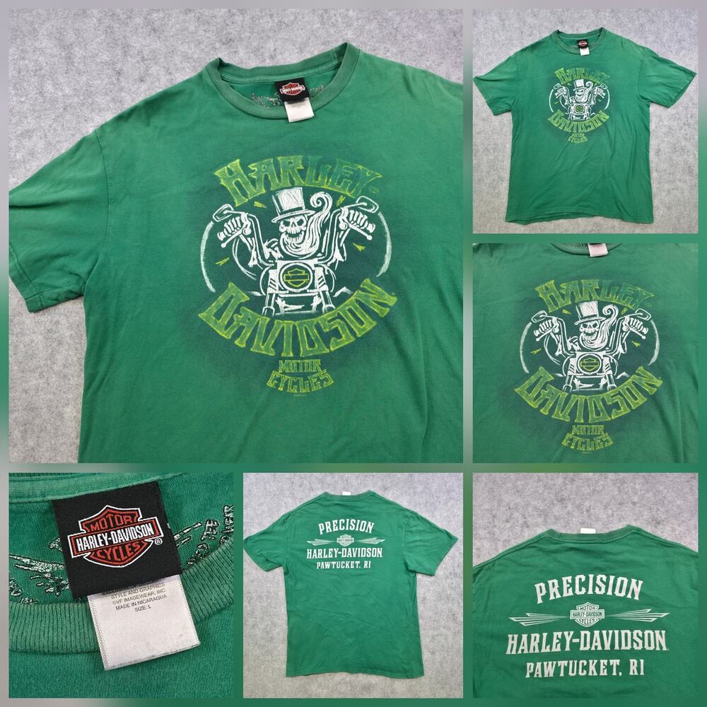 Harley Davidson Motorcycles T Shirt Mens Large Green Skeleton Pawtucket RI Tee